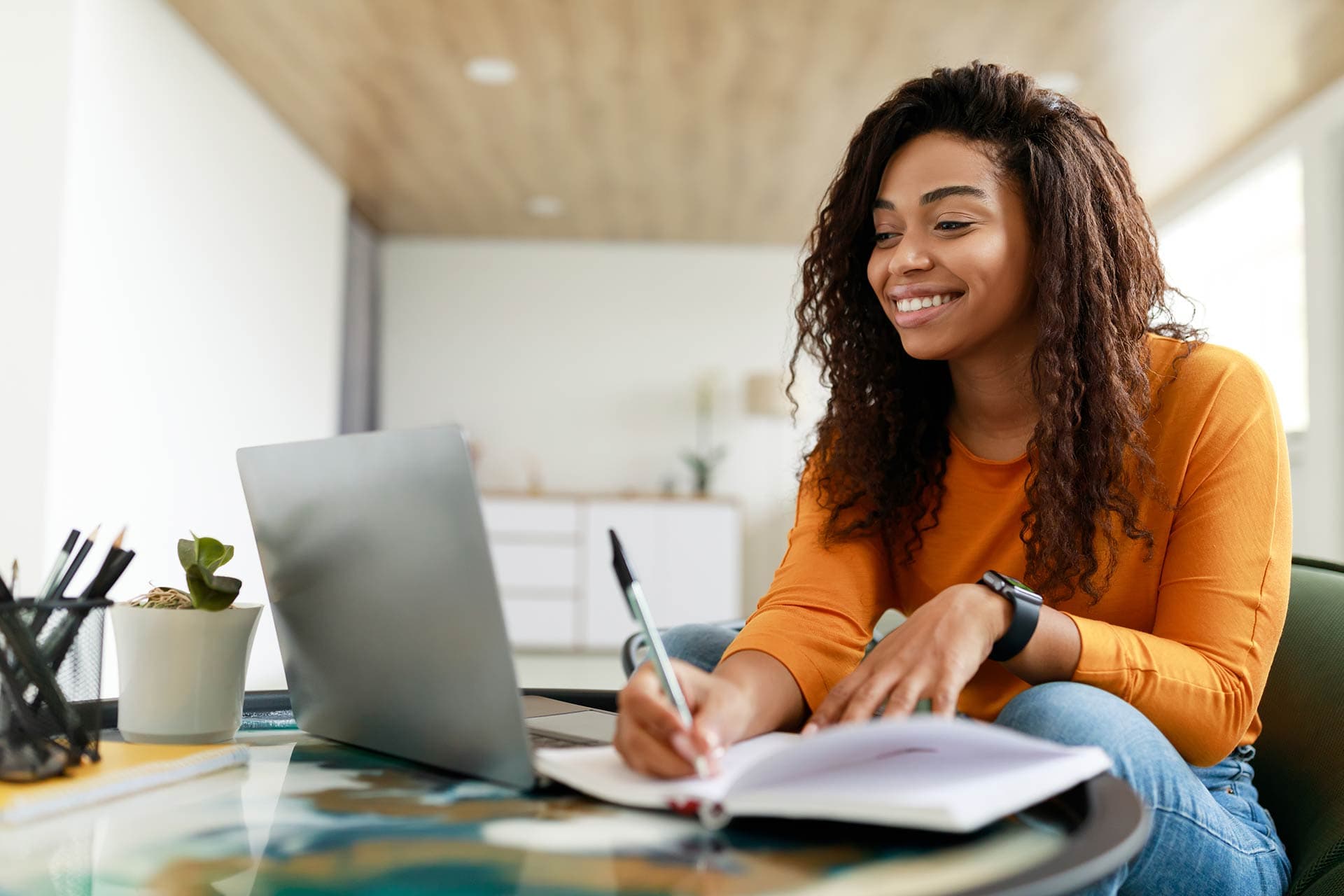 Professional joining a virtual training class from home